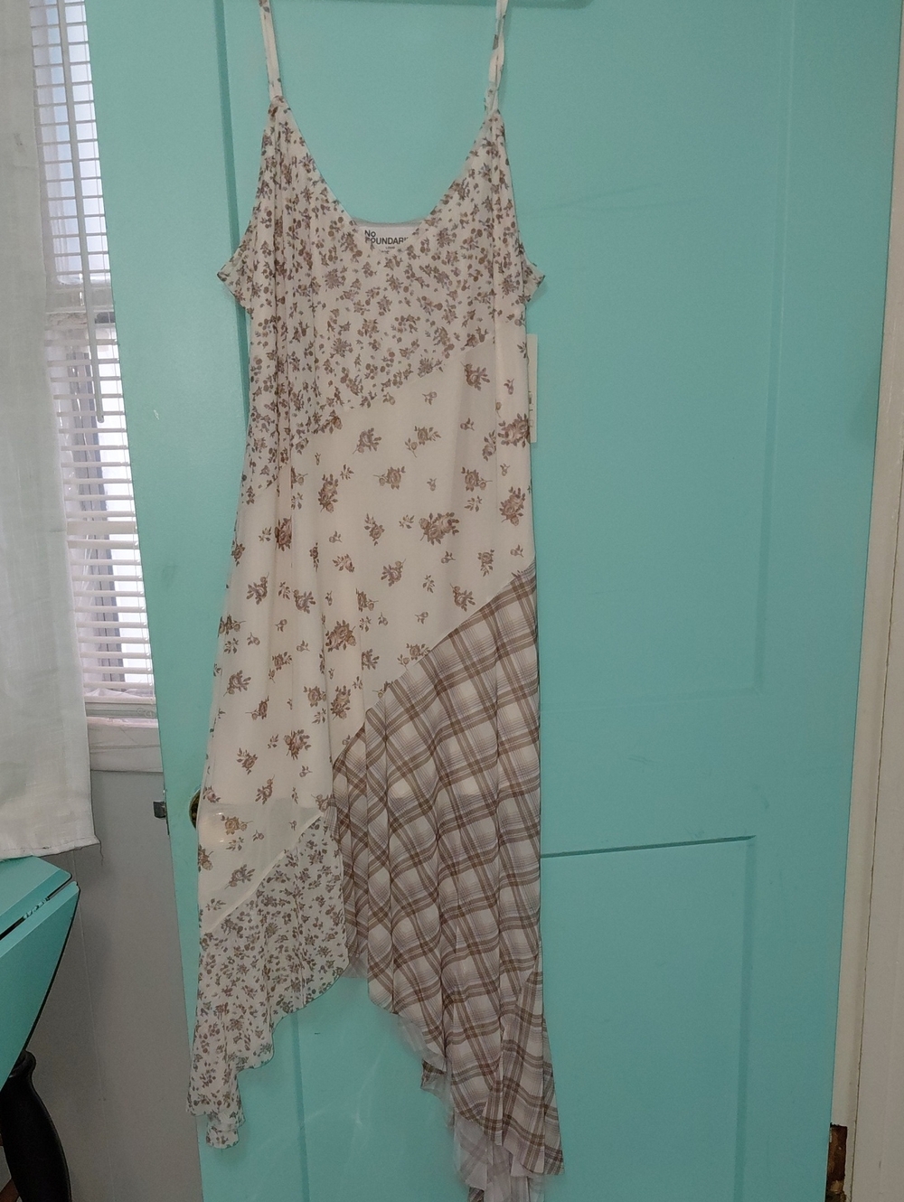 No Boundaries Cream and Brown Asymmetrical Slip Dress